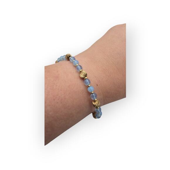 Mid-Century Blue Glass Bead Bracelet with Gold Accents Fishhook Clasp - Picture 9 of 9